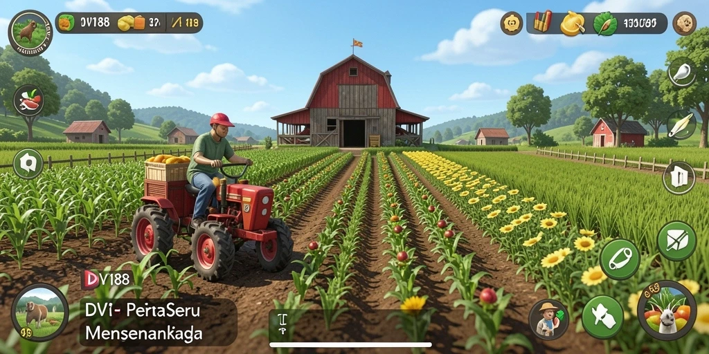 Screenshot gameplay <strong>DV188</strong> menampilkan suasana pertanian yang ceria dan interaktif.