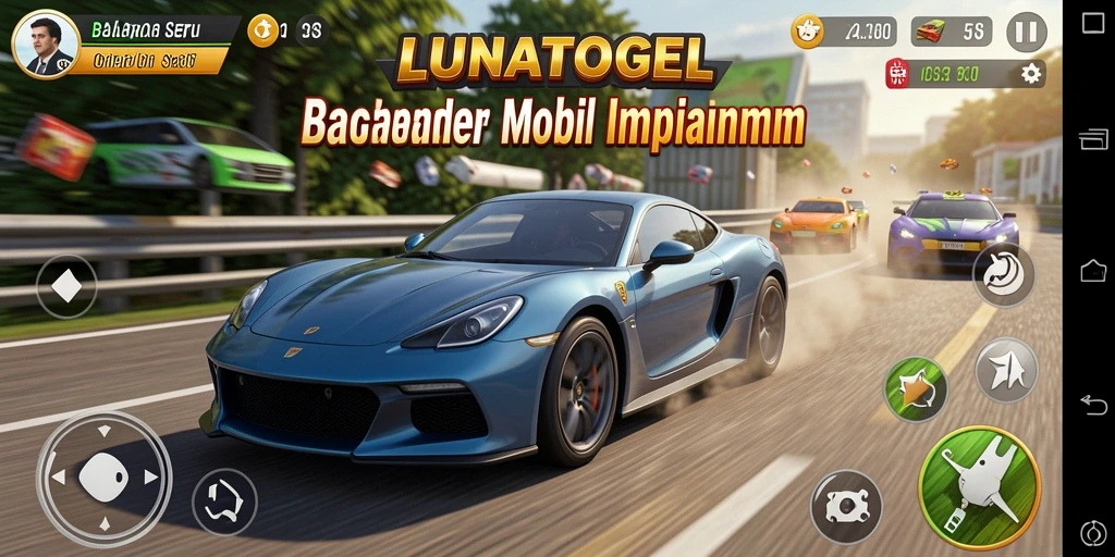 Screenshot gameplay LUNATOGEL menampilkan balapan yang menarik dan mobil cepat.
