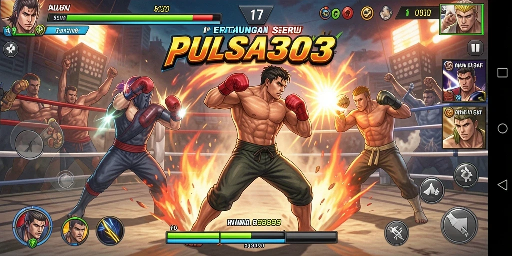 Screenshot PULSA303 menampilkan duel epik antara dua karakter bertarung.