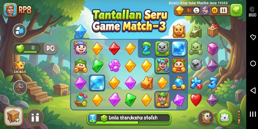 Screenshot utama RP8 menunjukkan gameplay Match-3 yang seru dan mengasyikkan.