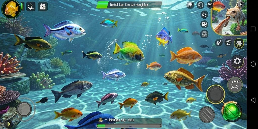 Tampilan gameplay seru di W67 dengan aksi tembak ikan.